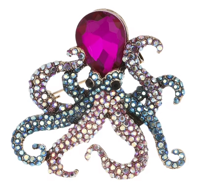 Spilla a forma di polipo in oro opaco con strass nei colori magenta, rosa e arcobaleno