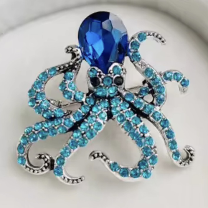 Kleine Oktopus-Brosche Silber Blau/Türkis mit Kristallen