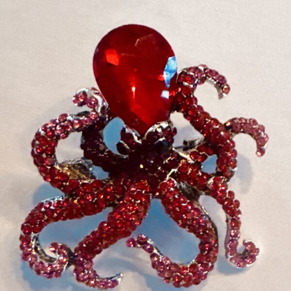 Oktopus-Brosche Silber mit Strasssteinen in Rot, Pink & Schimmernden Nuancen
